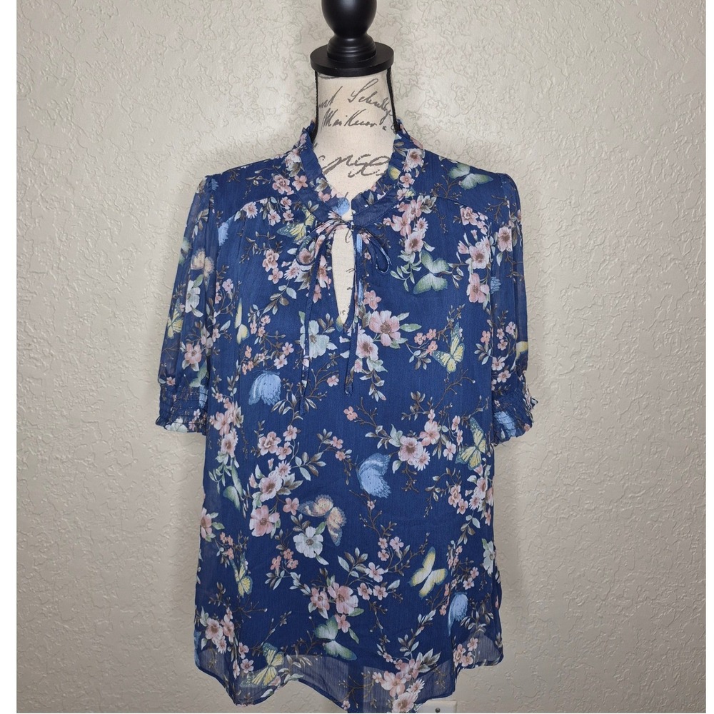 Tamara H. Navy Blue Floral Butterfly Chiffon Blouse Ruffle Tie Neck Top Large